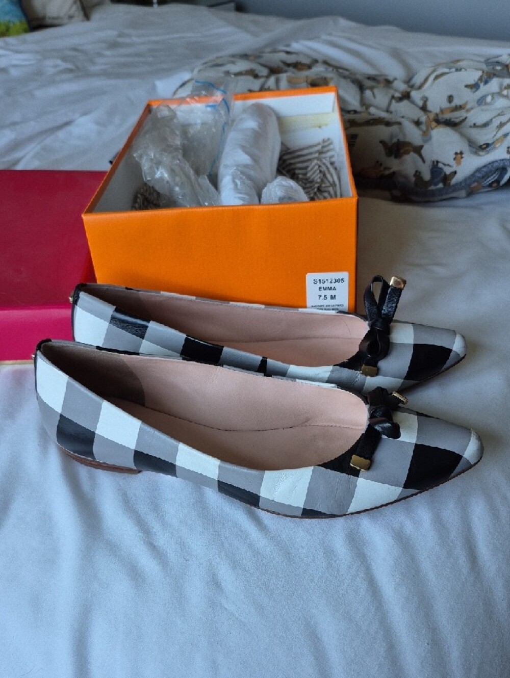 kate spade Black and White Gingham Pointed-Toe Ballet Flats with Bow
